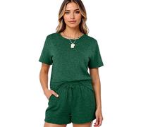 Women's 2 Piece Lounge Set Casual Short Sleeve T Shirt and Shorts Outfit Solid Color Relaxed Fit Summer Pajamas Sleepwear Loungewear for Women
