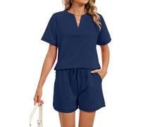 Women's 2 Piece Lounge Set Short Sleeve V Neck T Shirt and Drawstring Shorts Casual Summer Pajama Sets Solid Color Sleepwear Outfit for Women Girls