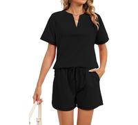 Women's 2 Piece Lounge Set Short Sleeve V Neck T Shirt and Drawstring Shorts Casual Summer Pajama Sets Solid Color Sleepwear Outfit for Women Girls