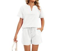Women's 2 Piece Lounge Set Short Sleeve V Neck T Shirt and Drawstring Shorts Casual Summer Pajama Sets Solid Color Sleepwear Outfit for Women Girls