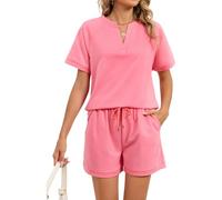 Women's 2 Piece Lounge Set Short Sleeve V Neck T Shirt and Drawstring Shorts Casual Summer Pajama Sets Solid Color Sleepwear Outfit for Women Girls