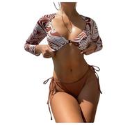 Women's 2 Piece Marble Print Tankini Set Low Cut Crop Top High String Thong Cheeky Swimsuits Coffee Brown X-Small(Large)