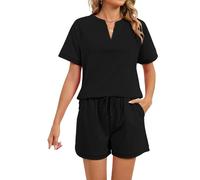 Women's 2 Piece Outfit Short Sleeve V Neck Top and Shorts Set Summer Casual Loungewear Solid Color Waffle Knit Lounge Set with Pockets for Travel