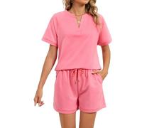 Women's 2 Piece Outfit Short Sleeve V Neck Top and Shorts Set Summer Casual Loungewear Solid Color Waffle Knit Lounge Set with Pockets for Travel