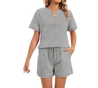 Women's 2 Piece Outfit Short Sleeve V Neck Top and Shorts Set Summer Casual Loungewear Solid Color Waffle Knit Lounge Set with Pockets for Travel