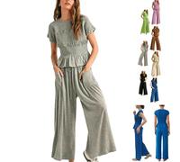 Womens 2 Piece Smocked Top Wide-Leg Pants Set,Matching Set，Gray：XL