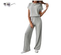 Women's 2 Piece Sweater Sets Outfits,Short Sleeve Knit Pullover,Tops Wide Leg Pants Lounge Sets Tracksuits (M, French Grey)