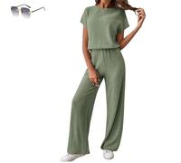 Women's 2 Piece Sweater Sets Outfits,Short Sleeve Knit Pullover,Tops Wide Leg Pants Lounge Sets Tracksuits (M, Pea Green)