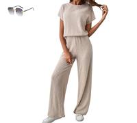 Women's 2 Piece Sweater Sets Outfits,Short Sleeve Knit Pullover,Tops Wide Leg Pants Lounge Sets Tracksuits (M, Apricot)