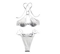 Women's 2 Piece Texture High Cut Halter Swimsuit Underwire Out O Ring Bikini Set White Small(X-Large)