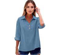 Women's 2026 Summer Linen V Neck Roll-Up 3/4 Sleeve Loose Button Down Blouse with Lapel for Beach and Casual Wear