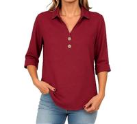Women's 2026 Summer Linen V Neck Roll-Up 3/4 Sleeve Loose Button Down Blouse with Lapel for Beach and Casual Wear
