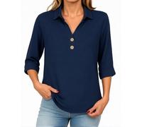 Women's 2026 Summer Linen V Neck Roll-Up 3/4 Sleeve Loose Button Down Blouse with Lapel for Beach and Casual Wear