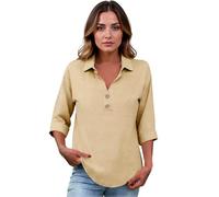 Women's 2026 Summer Linen V Neck Roll-Up 3/4 Sleeve Loose Button Down Blouse with Lapel for Beach and Casual Wear