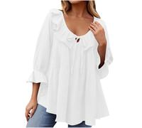 Women's 3/4 Sleeve Tie Front Ruffle Tiered Shirts, Boho Blouses for Women 2025 Scoop Neck Babydoll Tops Spring Outfits.. (White,TTG)