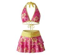 Women's 3 Piece Bikini Set V Neck Halter Backless Swimsuit With Cover Up Ruffle Swim Skirts Light, Pink and Yellow, M