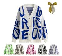 Womens Abstract Letter Print Cardigan,Cozy V-Neck Knit Long Sleeve Color Block Coat,Fashion Button Down Sweater Outwear (Purple)