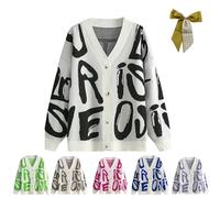 Womens Abstract Letter Print Cardigan,Cozy V-Neck Knit Long Sleeve Color Block Coat,Fashion Button Down Sweater Outwear (Black)