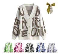 Womens Abstract Letter Print Cardigan,Cozy V-Neck Knit Long Sleeve Color Block Coat,Fashion Button Down Sweater Outwear (Khaki)