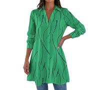 Women's Abstract Print Button Dress - Long Sleeve A-Line (Pure Green,TG)