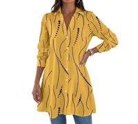 Women's Abstract Print Button Dress - Long Sleeve A-Line (Yellow,TTG)