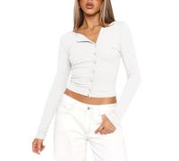 Women's Asymmetric Neckline Long Sleeve Crop Top Slim Fit Button Down Henley Y2K Trendy Pure Desire Style Basic Tee for Party Club Wear