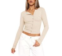 Women's Asymmetric Neckline Long Sleeve Crop Top Slim Fit Button Down Henley Y2K Trendy Pure Desire Style Basic Tee for Party Club Wear
