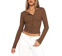 Women's Asymmetric Neckline Long Sleeve Crop Top Slim Fit Button Down Henley Y2K Trendy Pure Desire Style Basic Tee for Party Club Wear