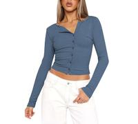 Women's Asymmetric Neckline Long Sleeve Crop Top Slim Fit Button Down Henley Y2K Trendy Pure Desire Style Basic Tee for Party Club Wear