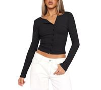Women's Asymmetric Neckline Long Sleeve Crop Top Slim Fit Button Down Henley Y2K Trendy Pure Desire Style Basic Tee for Party Club Wear