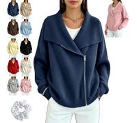 Women's Asymmetrical Zip Up Knit Cardigan, V Neck Lapel Knit Sweater | women oversized lapel ribbed solid knit cardigan, asymmetrical side zipper and wide lapel collar casual layer fall and winter