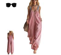 Women's Baggy Sleeveless Striped Front Center and Adjustable Straps Stretch Jumpsuits,Loose Deep V-Neck Front Zipper Outfits (Pink, M)