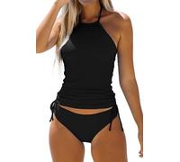 Women's Bathing Suit Solid Color Drawstring Side Halter Neck Tankini Set, Solid Black, S