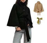 Womens Batwing Sleeve Poncho Peacoat,Oversized Wool Blend Poncho Cape with Belt,Elegant Stand Collar Winter Cropped Overcoat (FR/ES, Alpha/lettres, M, Taille normale, Taille normale, Black)