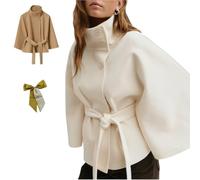 Womens Batwing Sleeve Poncho Peacoat,Oversized Wool Blend Poncho Cape with Belt,Elegant Stand Collar Winter Cropped Overcoat (FR/ES, Alpha/lettres, S, Taille normale, Taille normale, White)