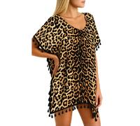 Women's Black Paisley Print Chiffon Beach Cover Up with Pom Pom Trim Loose Fit V Neck Summer Tunic Swimwear Kaftan Dress for Vacation Pool Party