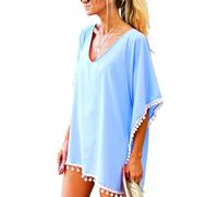 Women's Black Paisley Print Chiffon Beach Cover Up with Pom Pom Trim Loose Fit V Neck Summer Tunic Swimwear Kaftan Dress for Vacation Pool Party
