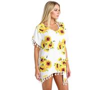 Women's Black Paisley Print Chiffon Beach Cover Up with Pom Pom Trim Loose Fit V Neck Summer Tunic Swimwear Kaftan Dress for Vacation Pool Party