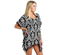 Women's Black Paisley Print Chiffon Beach Cover Up with Pom Pom Trim Loose Fit V Neck Summer Tunic Swimwear Kaftan Dress for Vacation Pool Party