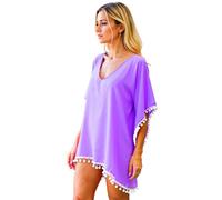 Women's Black Paisley Print Chiffon Beach Cover Up with Pom Pom Trim Loose Fit V Neck Summer Tunic Swimwear Kaftan Dress for Vacation Pool Party
