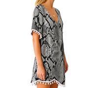 Women's Black Paisley Print Chiffon Beach Cover Up with Pom Pom Trim Loose Fit V Neck Summer Tunic Swimwear Kaftan Dress for Vacation Pool Party