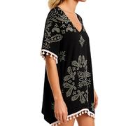 Women's Black Paisley Print Chiffon Beach Cover Up with Pom Pom Trim Loose Fit V Neck Summer Tunic Swimwear Kaftan Dress for Vacation Pool Party