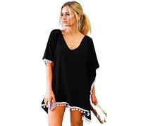 Women's Black Paisley Print Chiffon Beach Cover Up with Pom Pom Trim Loose Fit V Neck Summer Tunic Swimwear Kaftan Dress for Vacation Pool Party