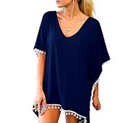 Women's Black Paisley Print Chiffon Beach Cover Up with Pom Pom Trim Loose Fit V Neck Summer Tunic Swimwear Kaftan Dress for Vacation Pool Party