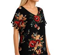 Women's Black Paisley Print Chiffon Beach Cover Up with Pom Pom Trim Loose Fit V Neck Summer Tunic Swimwear Kaftan Dress for Vacation Pool Party