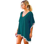 Women's Black Paisley Print Chiffon Beach Cover Up with Pom Pom Trim Loose Fit V Neck Summer Tunic Swimwear Kaftan Dress for Vacation Pool Party
