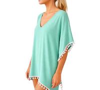 Women's Black Paisley Print Chiffon Beach Cover Up with Pom Pom Trim Loose Fit V Neck Summer Tunic Swimwear Kaftan Dress for Vacation Pool Party