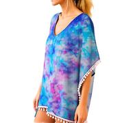 Women's Black Paisley Print Chiffon Beach Cover Up with Pom Pom Trim Loose Fit V Neck Summer Tunic Swimwear Kaftan Dress for Vacation Pool Party