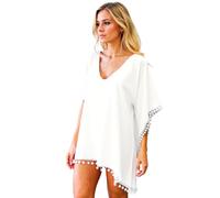 Women's Black Paisley Print Chiffon Beach Cover Up with Pom Pom Trim Loose Fit V Neck Summer Tunic Swimwear Kaftan Dress for Vacation Pool Party