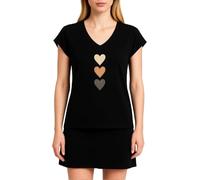 Women's Black V-Neck T-Shirt with Three Hearts Design Short Sleeve Casual Top Soft Cotton Blend Graphic Tee for Daily Wear Summer Spring Fashion